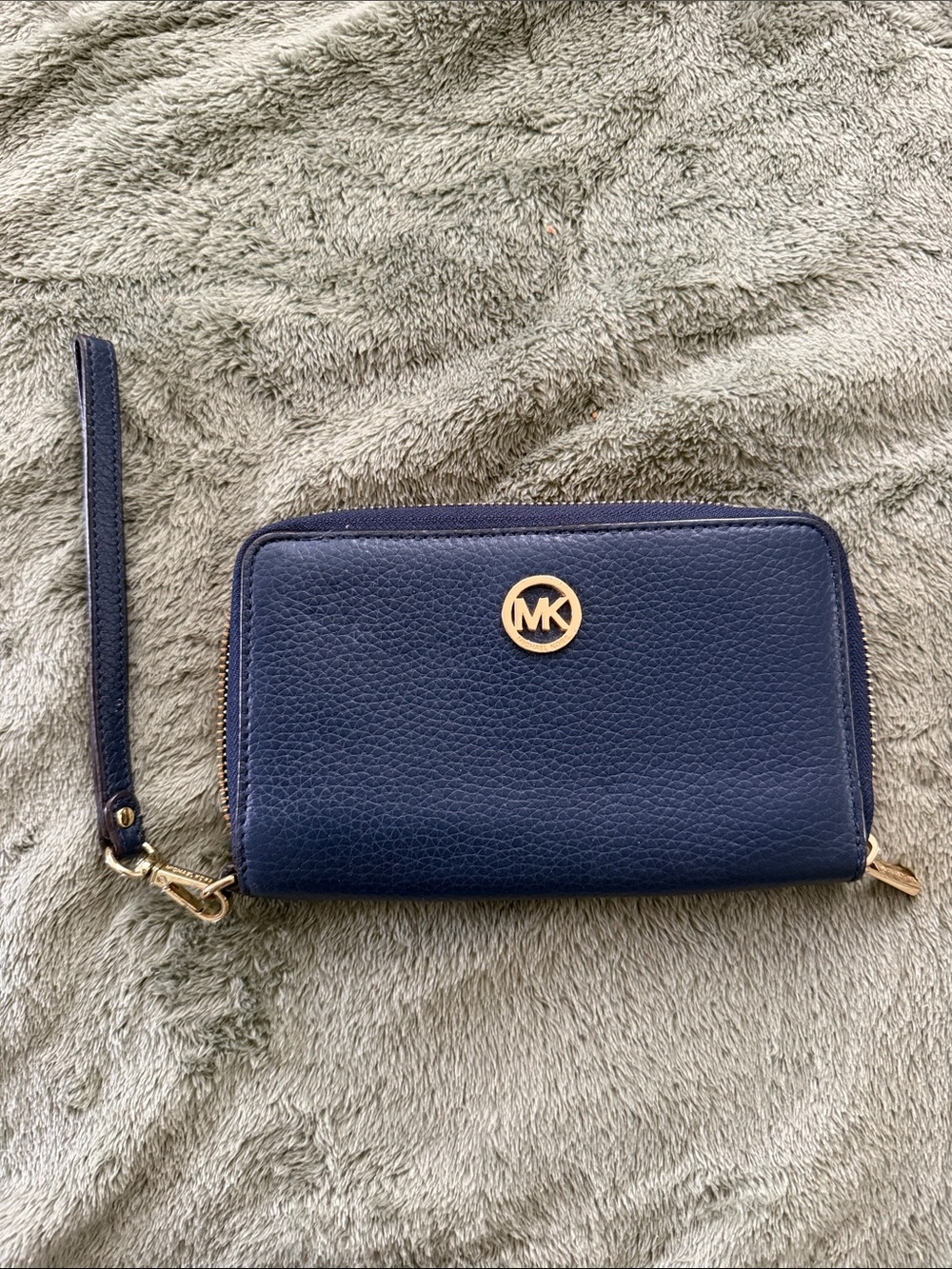 Michael Kors Navy Pebbled Leather Zip Wristlet with Gold Logo